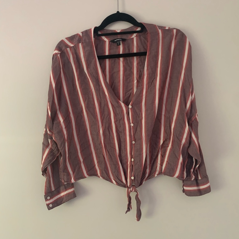 Express Sz Medium V-Neck Button Down Tie Cropped Blouse